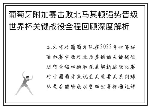 葡萄牙附加赛击败北马其顿强势晋级世界杯关键战役全程回顾深度解析